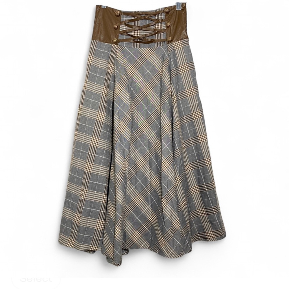 Plaid A-Line Midi Skirt with Brown Waist Corset Detail